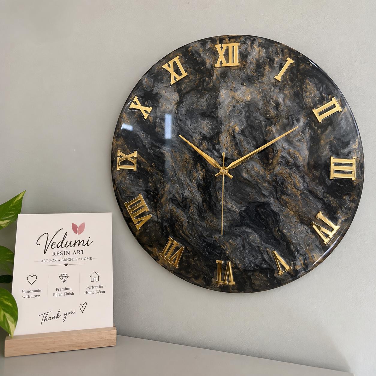 Resin artwork: Black & Gold Marble Wall Clock