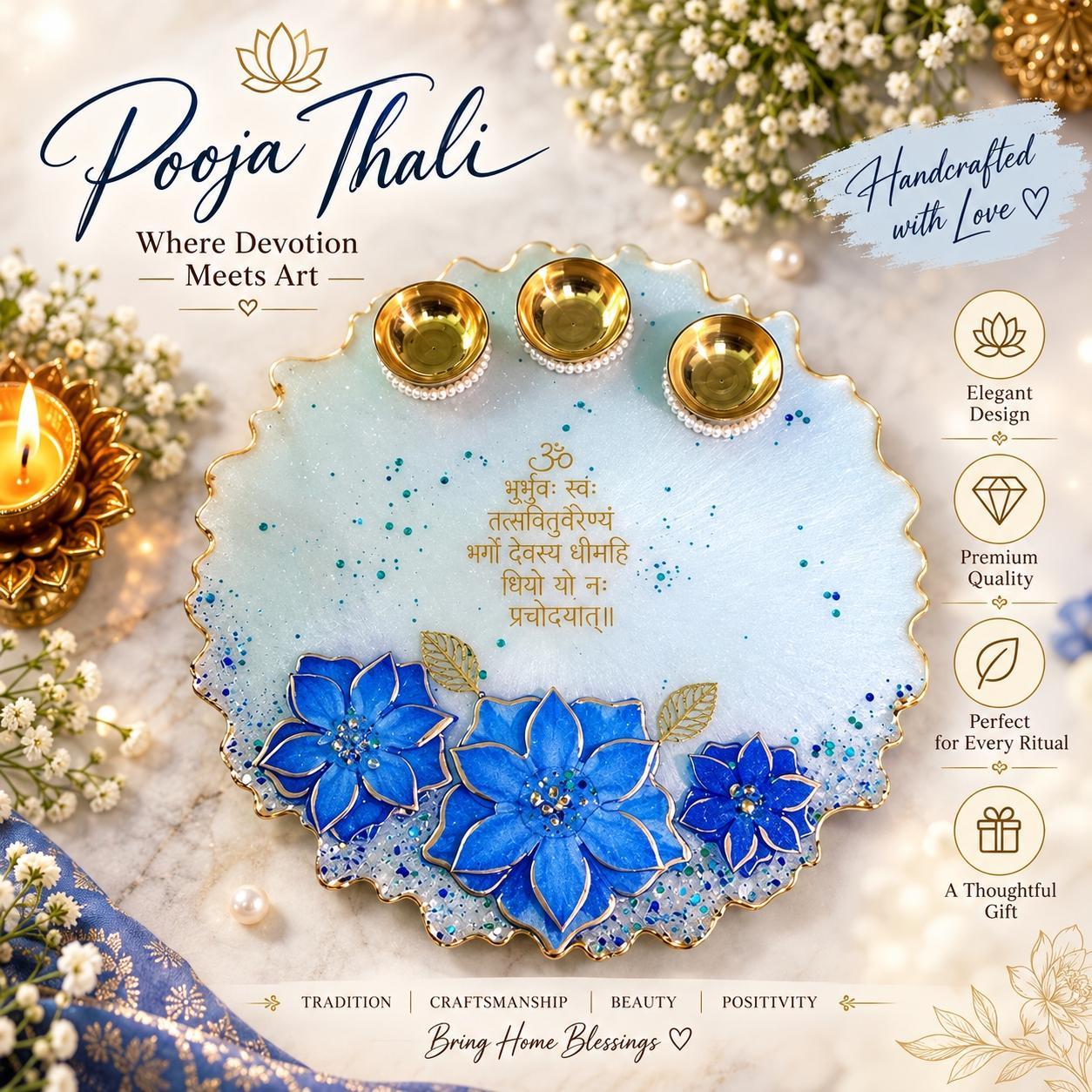 Blue Premium Pooja Thali with Diyas