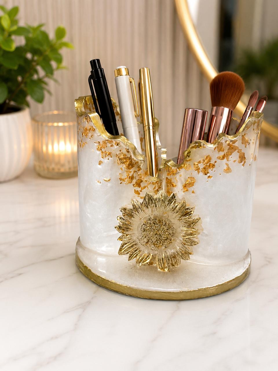 Golden Sunflower Resin Pen & Brush Holder — Diwali Gift Hamper
