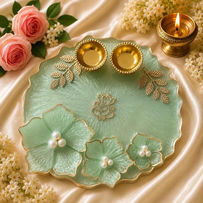 Mint Blossom Pooja Thali — handmade resin art