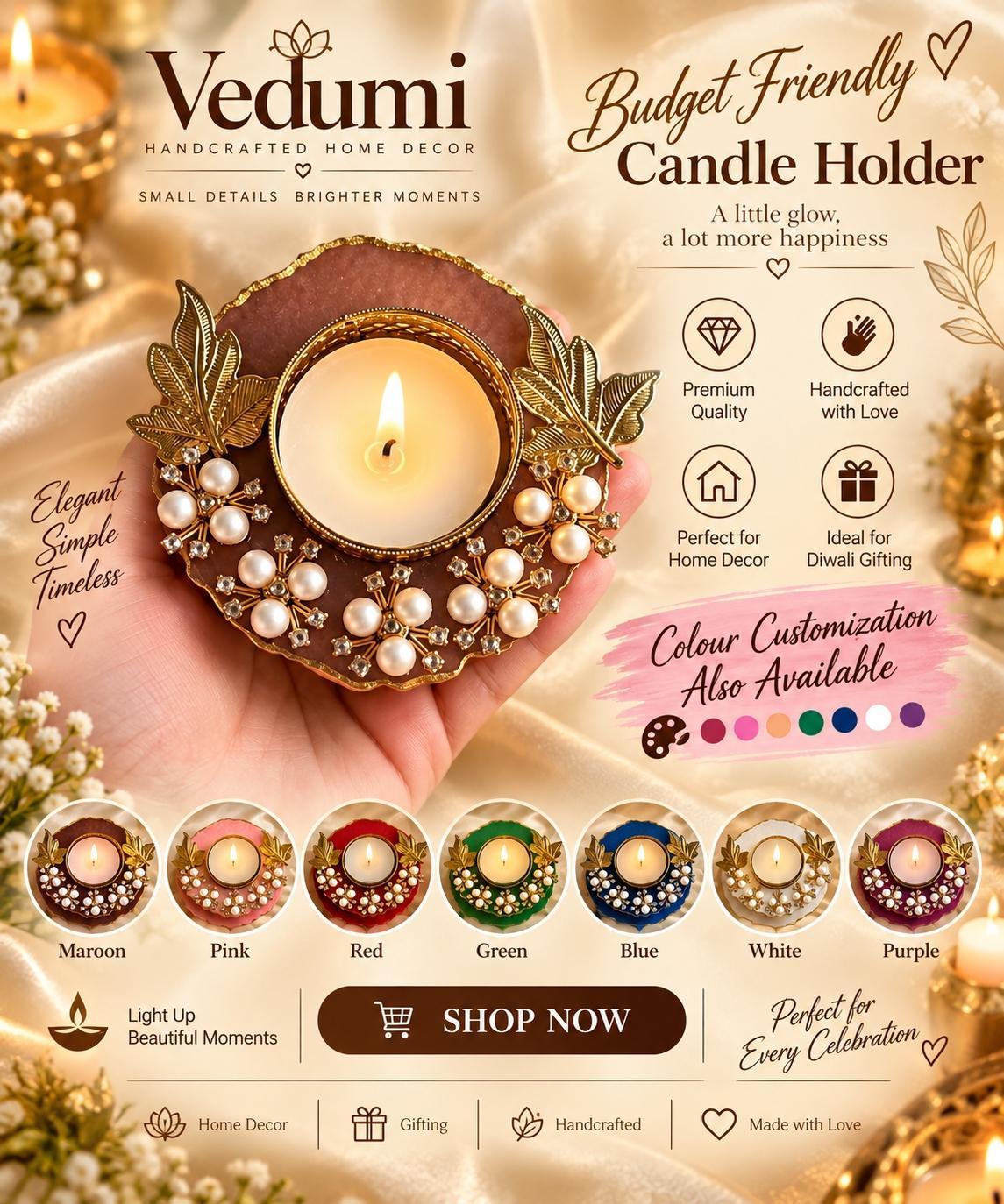 Pearl & Gold Leaf Tea Light Candle Holder
