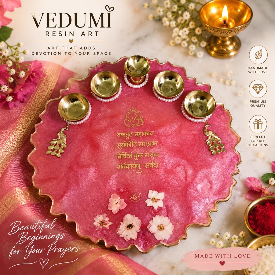 Royal Pink Pooja Thali with Peacock Diyas