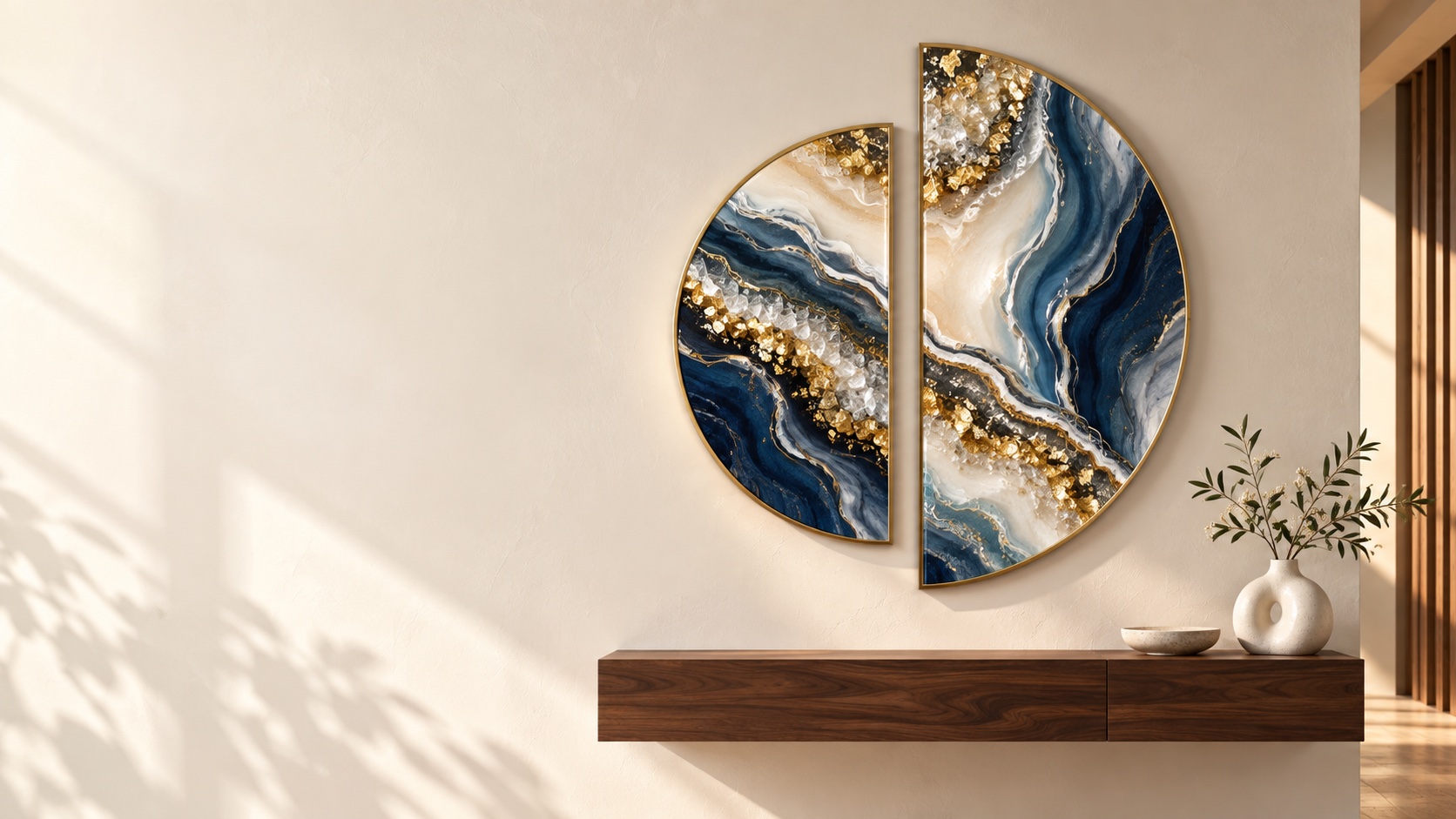 Split-circle blue and gold marble resin wall art shown in a refined interior