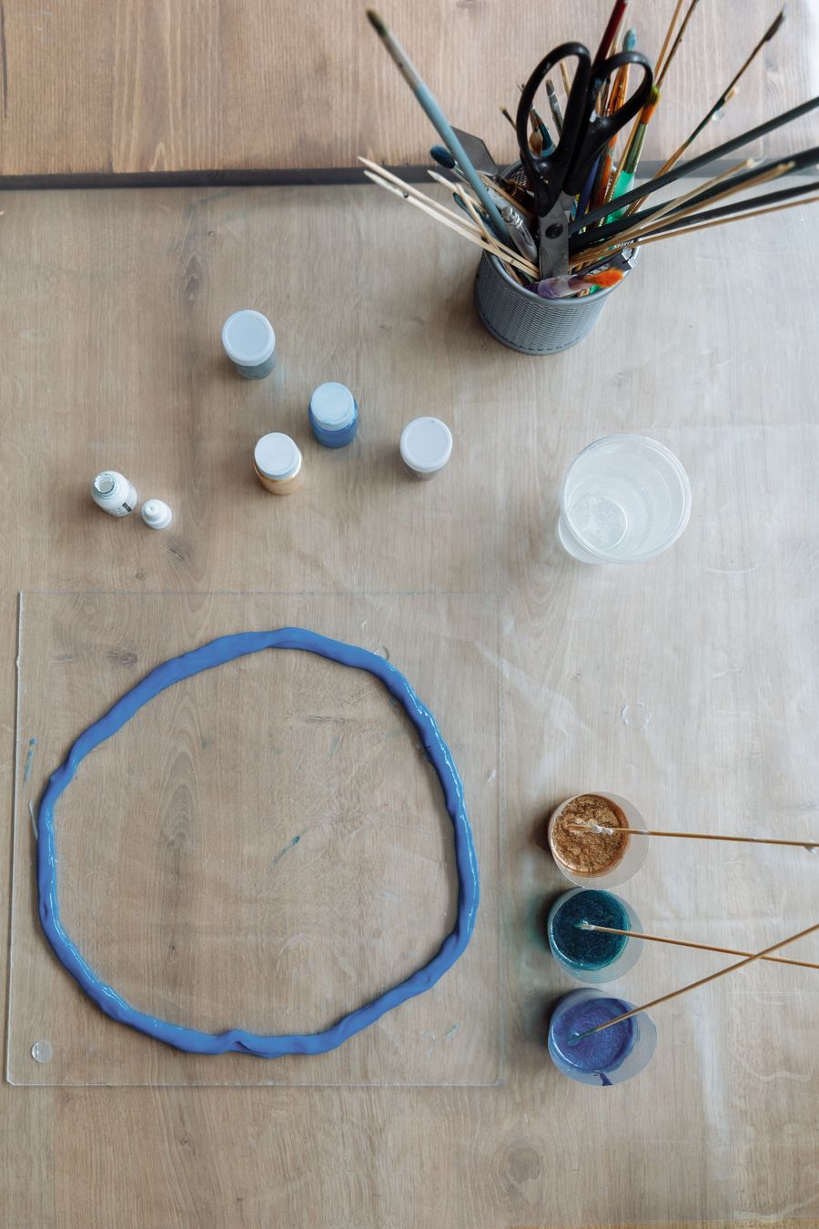Pigments and resin art materials in the Vedumi studio, Ahmedabad