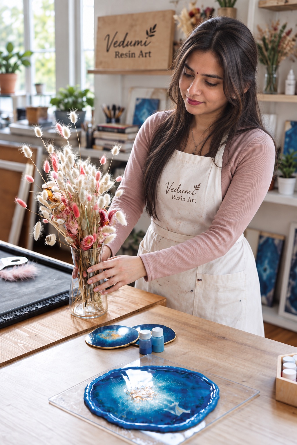 Heta Patel at work shaping a resin art piece by hand in her Ahmedabad studio